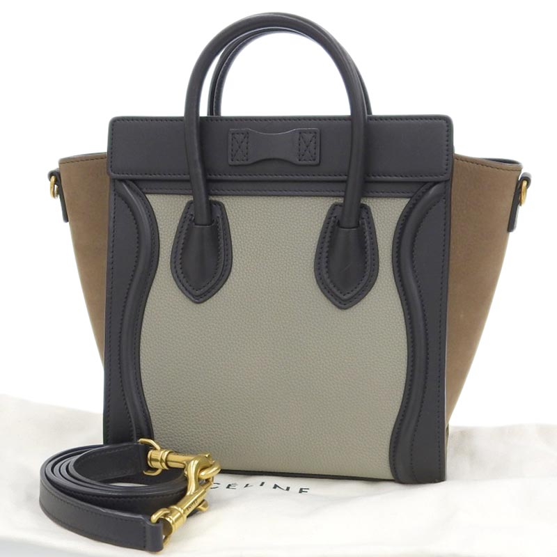 Celine Luggage Nano 2WAY Leather Shopper Handbag Shoulder Bag Black Greige Brown - Image 2
