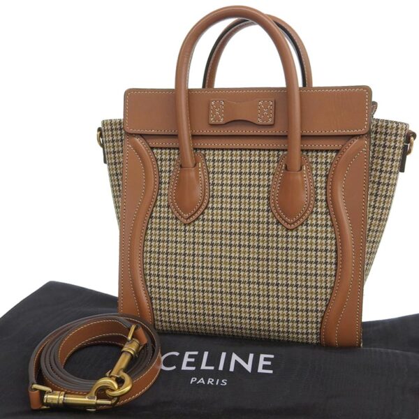 ob1795 2 Celine Luggage Nano 2WAY Wool Leather Shopper Handbag Shoulder Bag Brown Beige