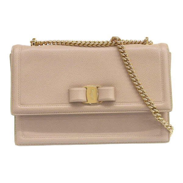 ob1863 1 Ferragamo Vara Shoulder Bag Chain Leather Pink Beige