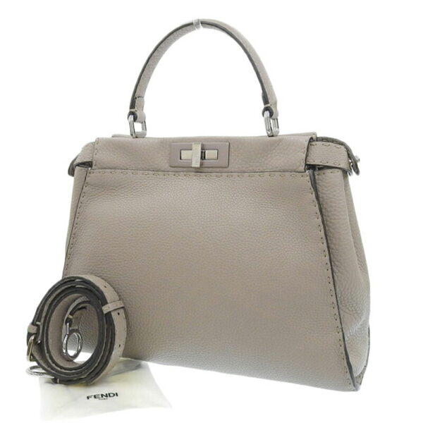 ob1953 2 Fendi Peekaboo Selleria 2WAY Handbag Leather Greige