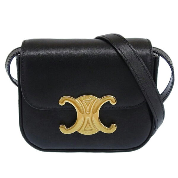 ob1986 1 Celine Mini Claude Triomphe Shiny Calfskin Crossbody Shoulder Bag Black