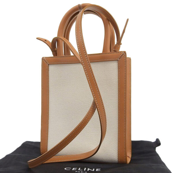 ob1987 2 Celine Vertical Mini 2WAY Canvas Leather Shoulder Bag White Brown