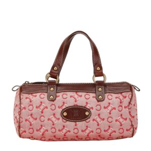 Celine C Logo Canvas Leather Handbag Red Brown