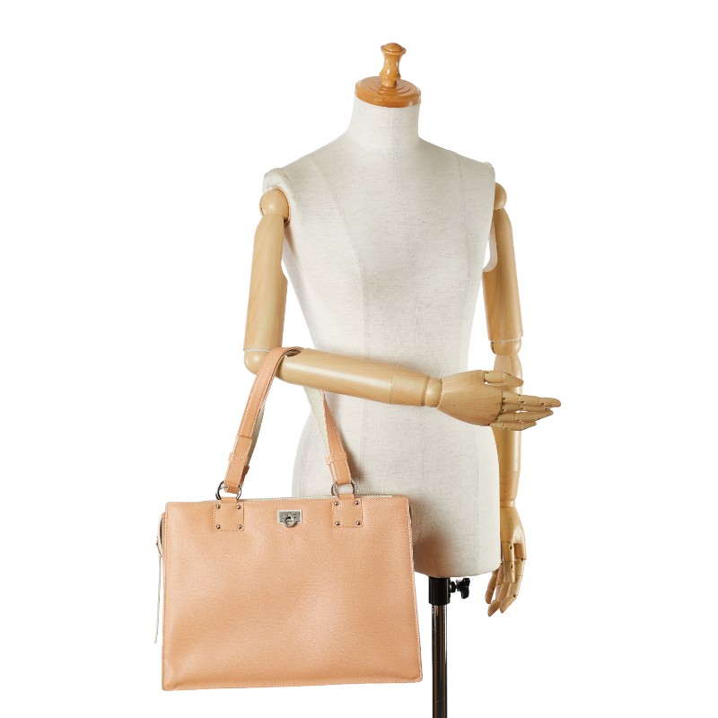 Salvatore Ferragamo Gancini Tote Bag Leather Pink Beige White - Image 11