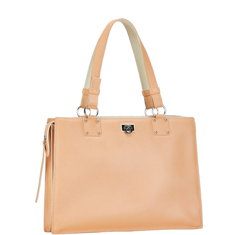 Salvatore Ferragamo Gancini Tote Bag Leather Pink Beige White - Image 2