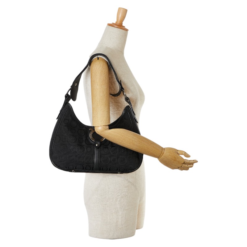 Salvatore Ferragamo Gancini One Shoulder Bag Handbag Canvas Leather Black - Image 10