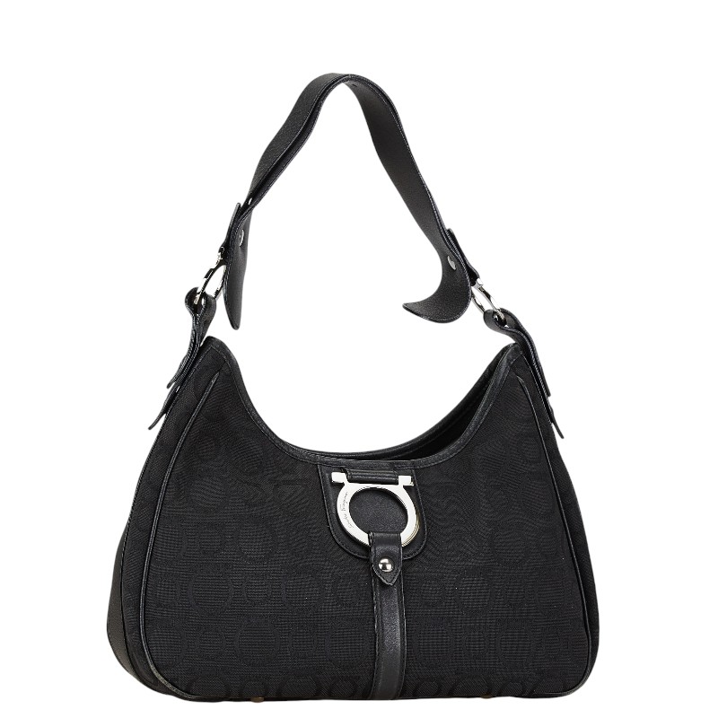 Salvatore Ferragamo Gancini One Shoulder Bag Handbag Canvas Leather Black - Image 2