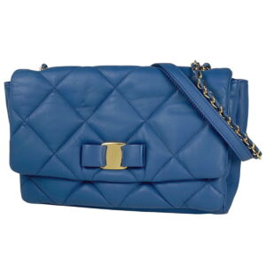 Salvatore Ferragamo Pink Ribbon Chain Shoulder Bag Leather Blue