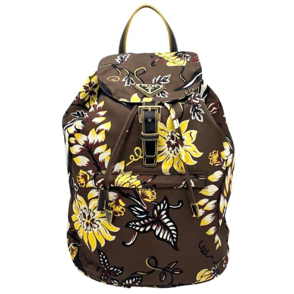 2000046246900436 12 Prada Triangle Floral Backpack Nylon Leather Brown Black