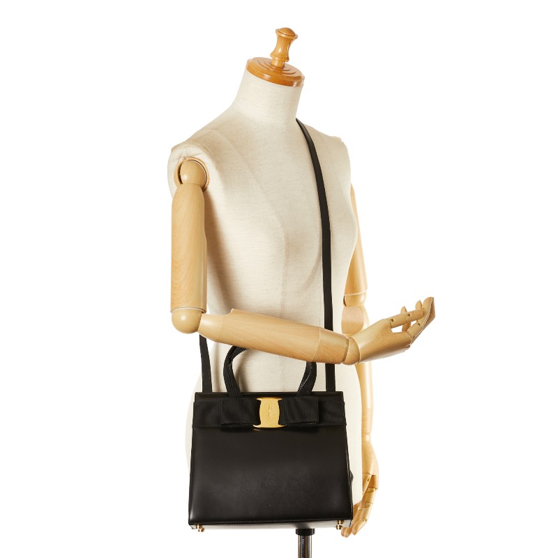 Salvatore Ferragamo Vara Ribbon Handbag Leather Gold Black - Image 12