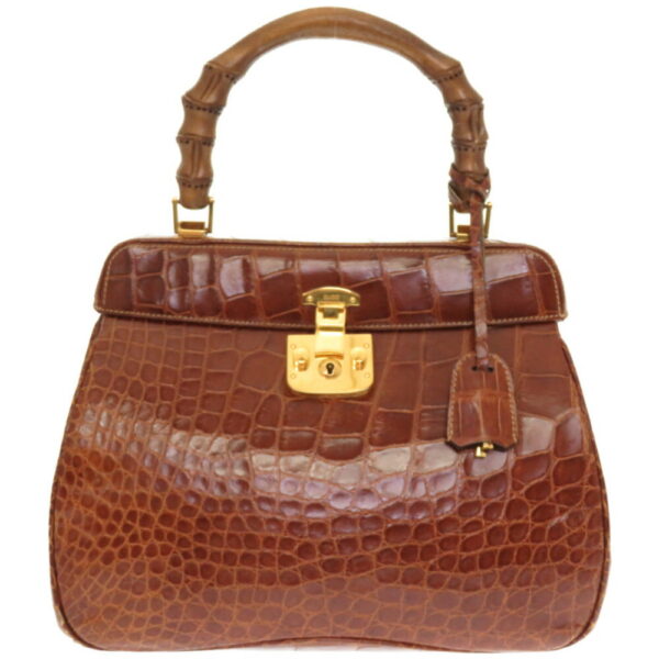 4i0053il6 1 Gucci Ladylock Bamboo Alligator Handbag Brown