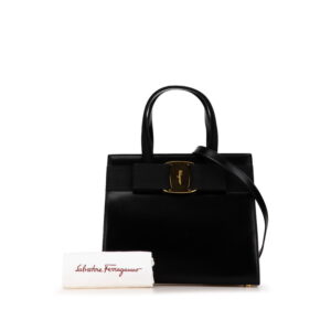 Salvatore Ferragamo Vara Ribbon Handbag Leather Canvas Black