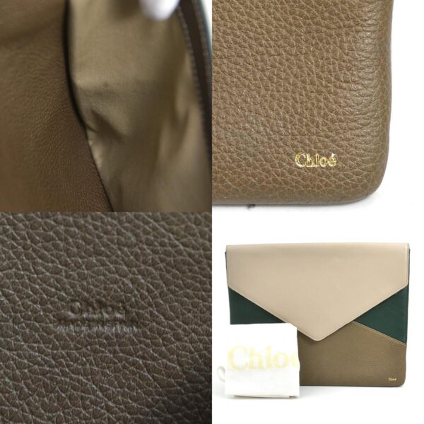 h29895g 10 c Chloe Clutch Bag Leather Beige Brown Dark Green