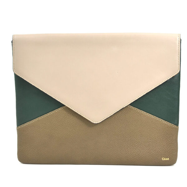 h29895g Chloe Clutch Bag Leather Beige Brown Dark Green