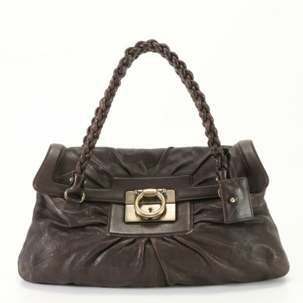 img 01688561 Salvatore Ferragamo Gancini Leather Shoulder Tote Bag Brown