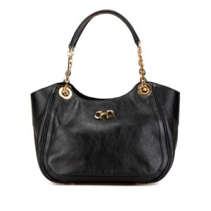 Salvatore Ferragamo Gancini Chain Handbag Gold Leather Black