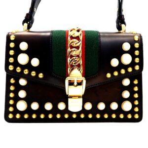 Gucci Sylvie Small Sherry Line Pearl Studs Shoulder Bag Black