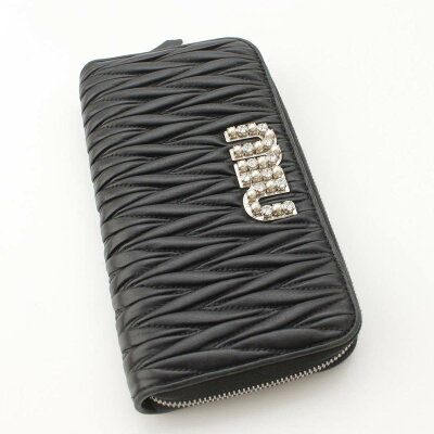 Miu Miu Logo Pearl Rhinestone Matelasse Wallet Long Black - Image 3